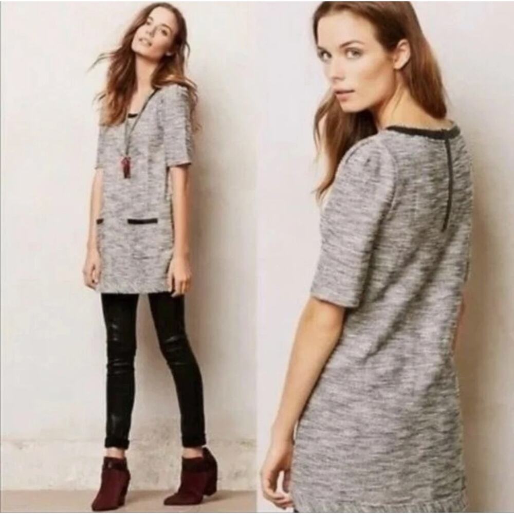 Anthro Postmark Beverly Tunic Dress M Gray Cotton Faux Leather Zip Pockets Mini